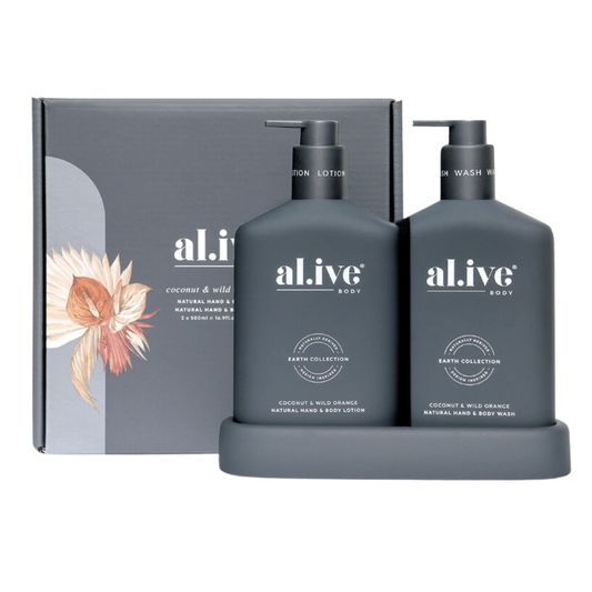 A set of al.ive branded hand and body wash and lotion duo, with pump dispensers, in a matching grey box with floral design and product imagery.