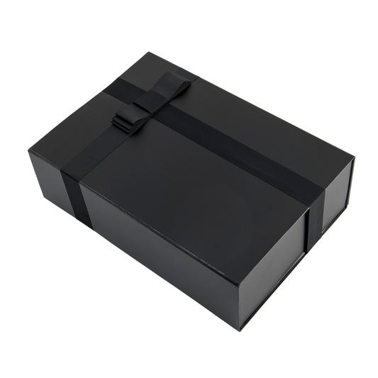 A large black gift box with a ribbon, capable of holding between 10-16 products.