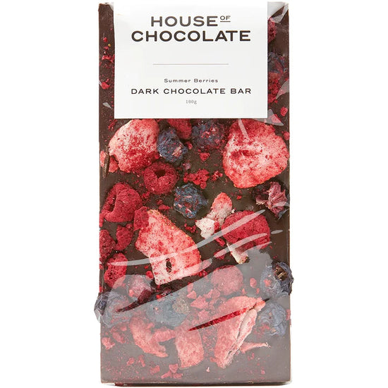 Dark chocolate bar with summer berries from House of Chocolate on a white background