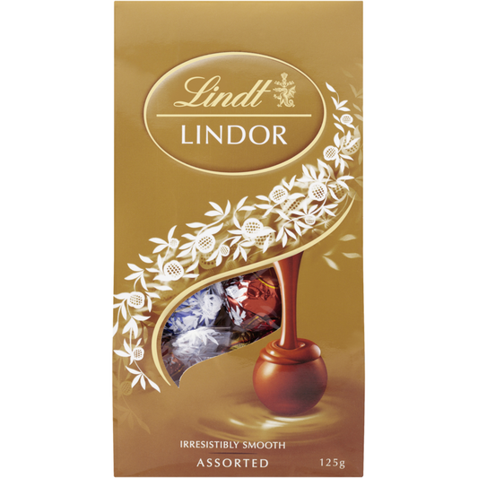 Packaging of Lindt Lindor Assorted Pouch 125g displaying an assortment of Lindt chocolates.