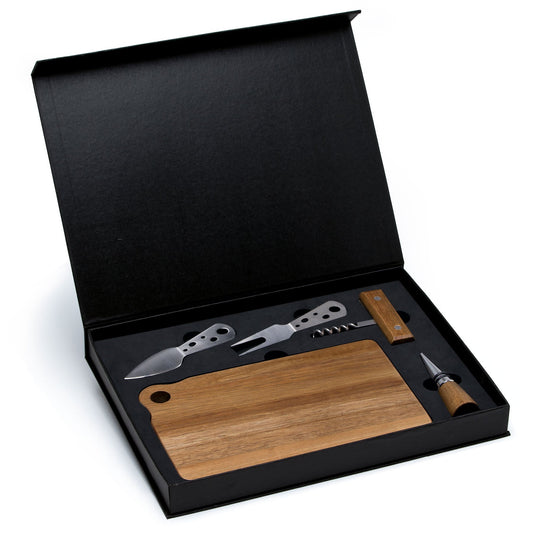 A cheese board set including a wooden board, stainless steel knife, fork, corkscrew, and stopper, presented in a black box.