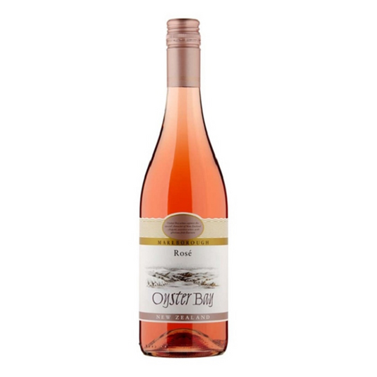 A bottle of Oyster Bay Rose wine with a pink label, indicating it is a product of Marlborough, New Zealand.
