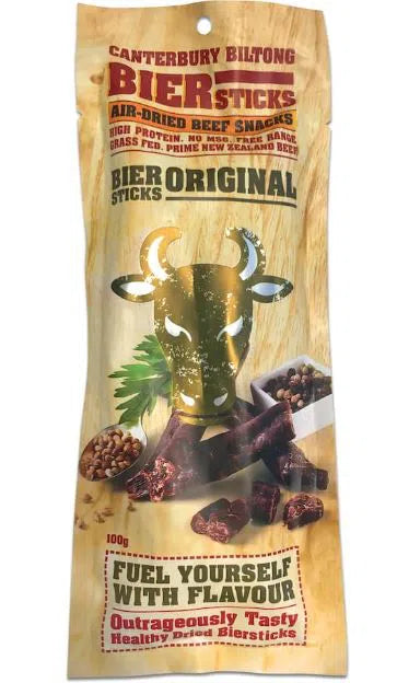 Packaging for Canterbury Biltong Original Biersticks featuring an image of a bull's head, surrounded by product details and branding.