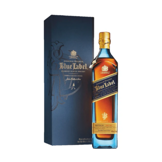 A bottle of Johnnie Walker Blue Label whiskey with its packaging box.