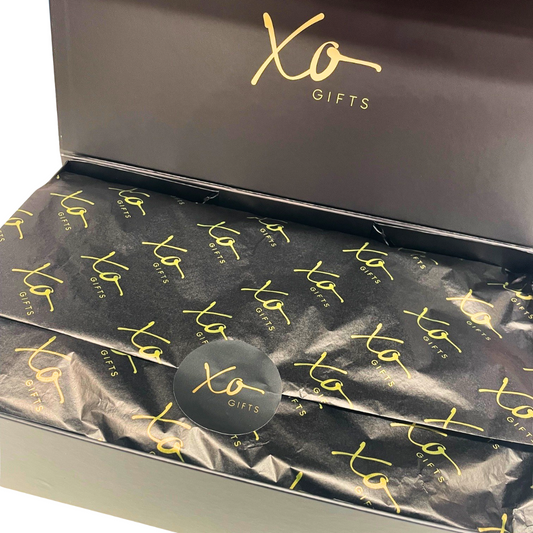 Xo gifts packaging gift box tissue and sticker black gold