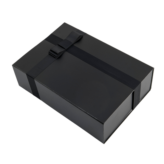 A large black gift box with a ribbon, capable of holding between 10-16 products.