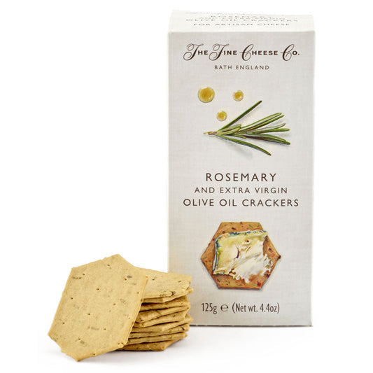 A package of The Fine Cheese Co Rosemary and Extra Virgin Olive Oil Crackers with a weight of 125g, accompanied by a few crackers spread in front of the package.