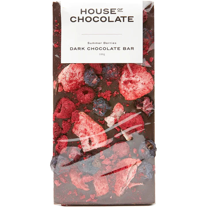Dark chocolate bar with summer berries from House of Chocolate on a white background