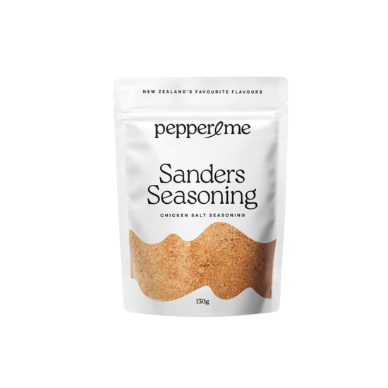 A 130g stand-up pouch of PepperMe Sanders Seasoning (chicken salt seasoning) on a solid white background.