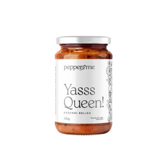 A glass jar of Pepper2me Yasss Queen! Kasundi Relish with a white label and silver lid, set against a plain white background.