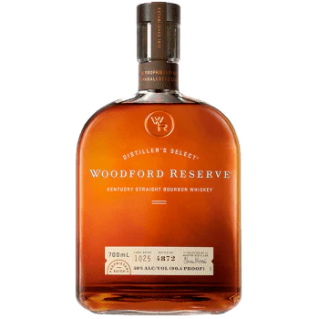 Woodford Reserve bourbon whiskey bottle on a white background