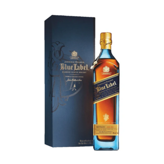 A bottle of Johnnie Walker Blue Label whiskey with its packaging box.