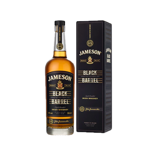 A bottle of Jameson Black Barrel Irish Whiskey with a black label, accompanied by its black packaging box.