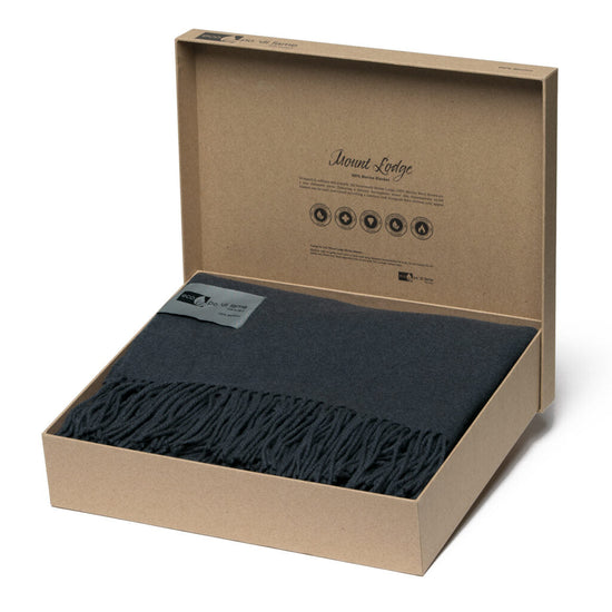 A luxury 100% Merino wool blanket in charcoal color, displayed in an open two-part kraft presentation box with branding and product information on the inner lid.