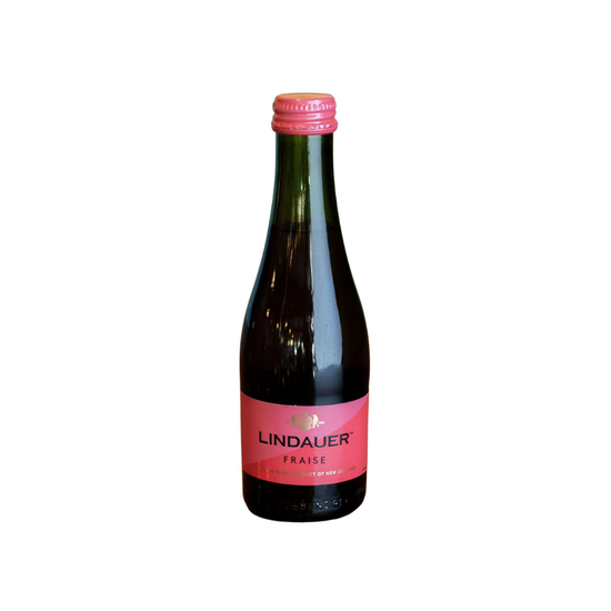 A bottle of Lindauer Fraise wine with a pink label and cap on a plain background.