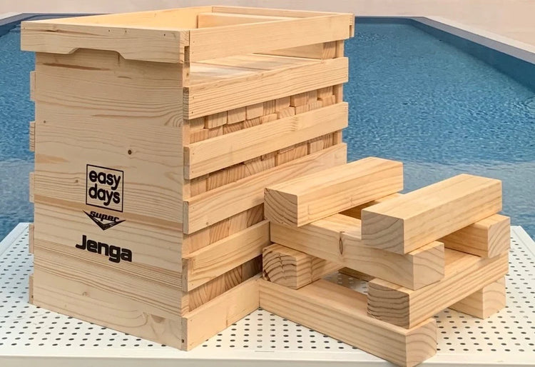 Super Jenga in wooden crate